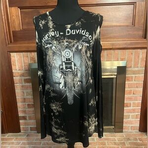 Harley-Davidson Black and Gray Tie-Dye Cold-shoulder Top XL with Bling NWOT New